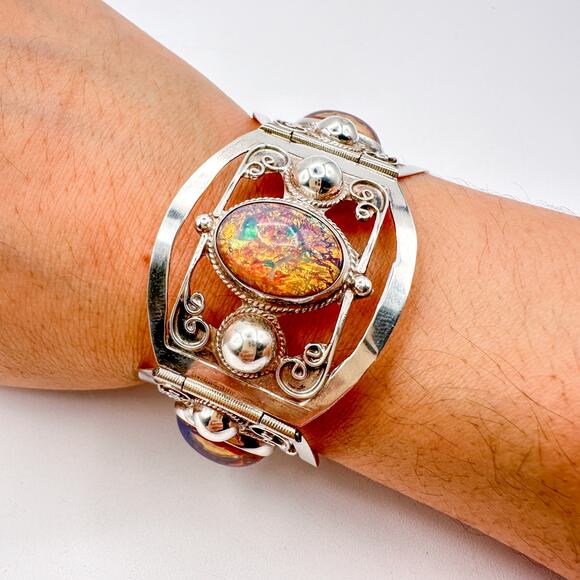 Taxco Sterling Silver Faux Opal Panel Bracelet w Cutouts Scrolls Mexico Vintage - Picture 6 of 13